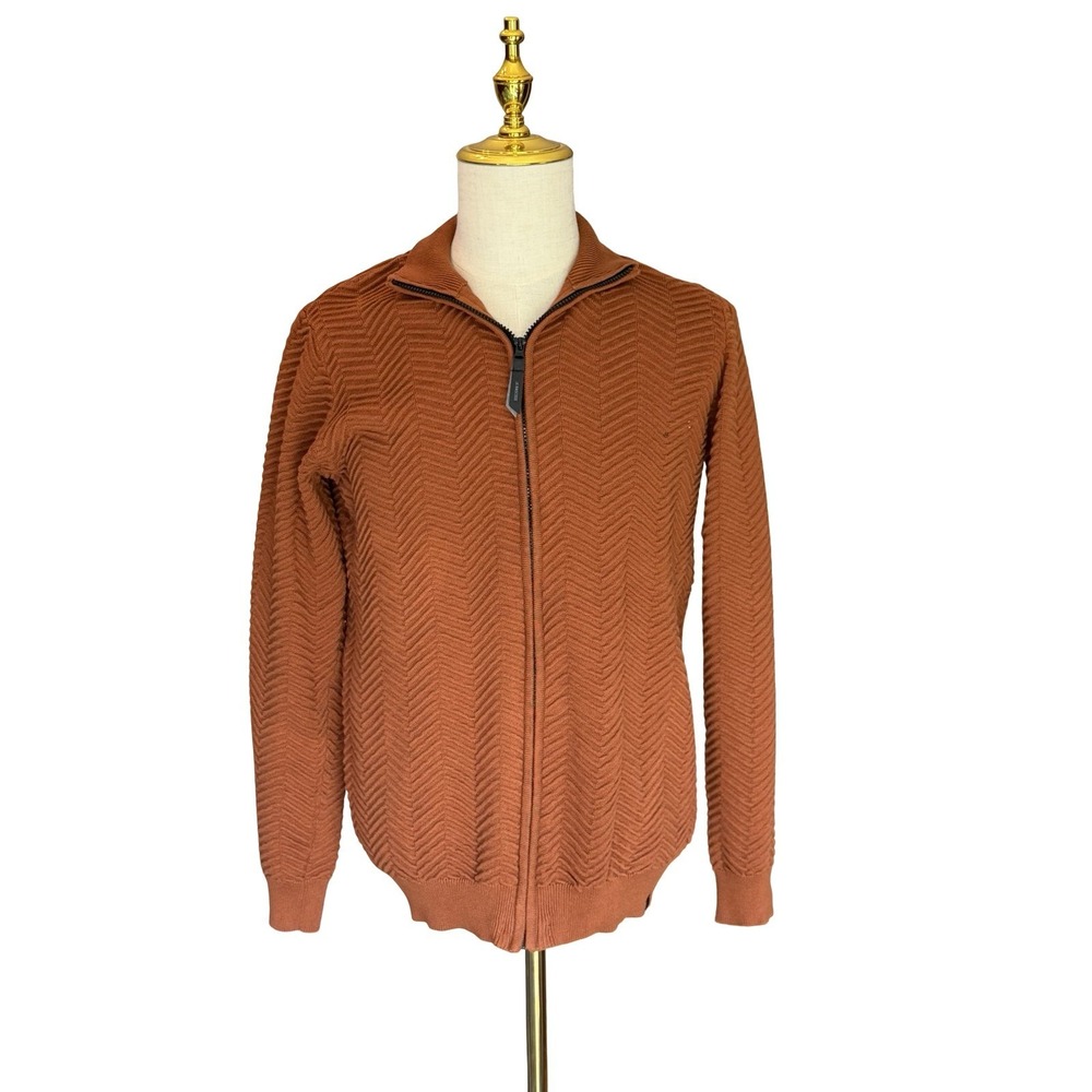 INDICODE Men's Rust Brown Chevron Knit Full Zip Funnel Neck Sweater Cotton S
